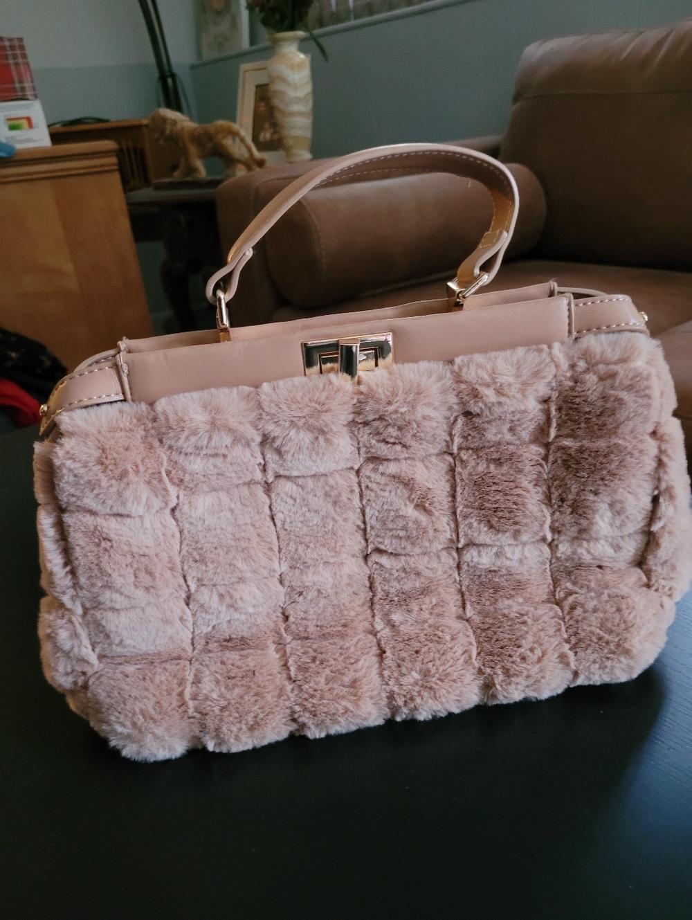 Plush Faux Fur Top-Handle Bag in Blush Pink